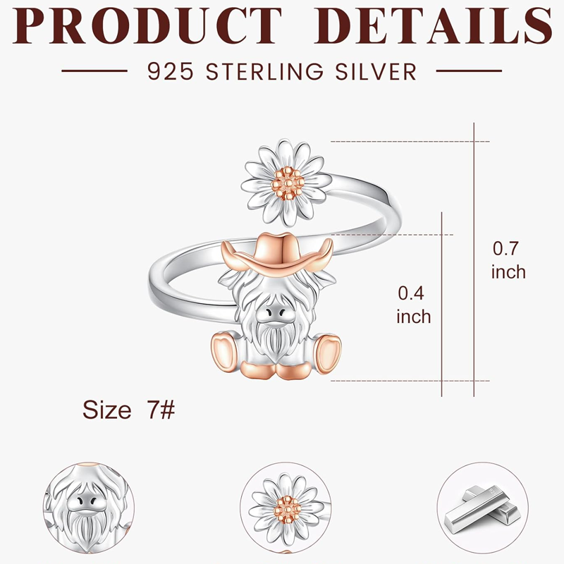 Sterling Silver Two-tone Highland Cow & Wildflowers Open Ring-4