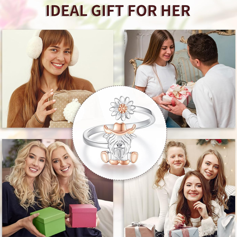 Sterling Silver Two-tone Highland Cow & Wildflowers Open Ring-5
