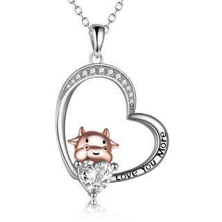 Sterling Silver Two-tone Cubic Zirconia Hippo Heart Pendant Necklace-47