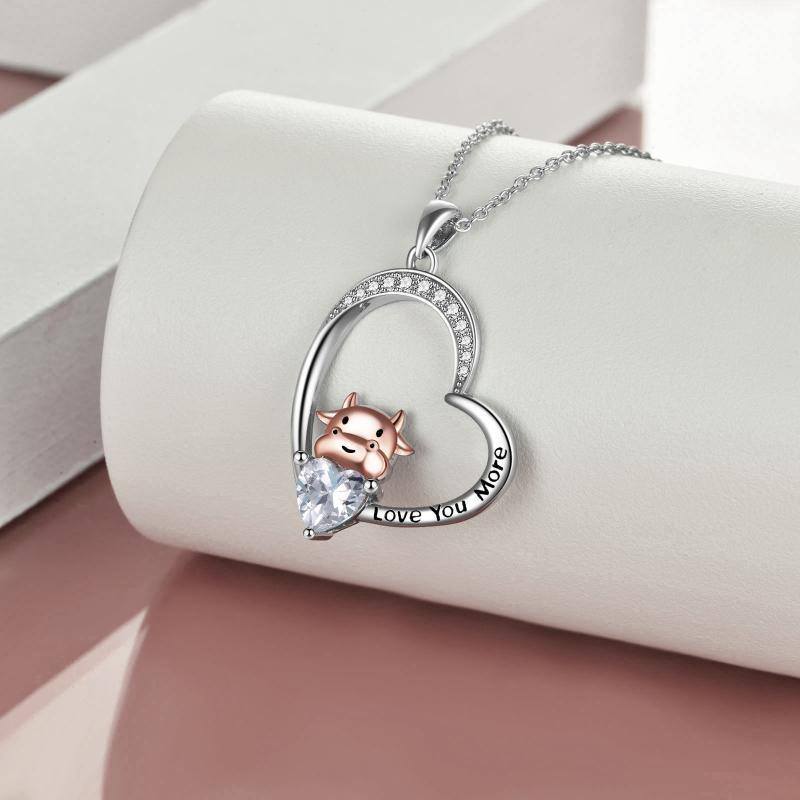 Sterling Silver Two-tone Cubic Zirconia Hippo Heart Pendant Necklace-4