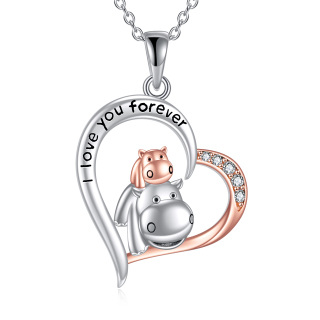 Sterling Silver Two-tone Zirconia Hippo Mom & Baby Heart Pendant Necklace with Engraved Word-3