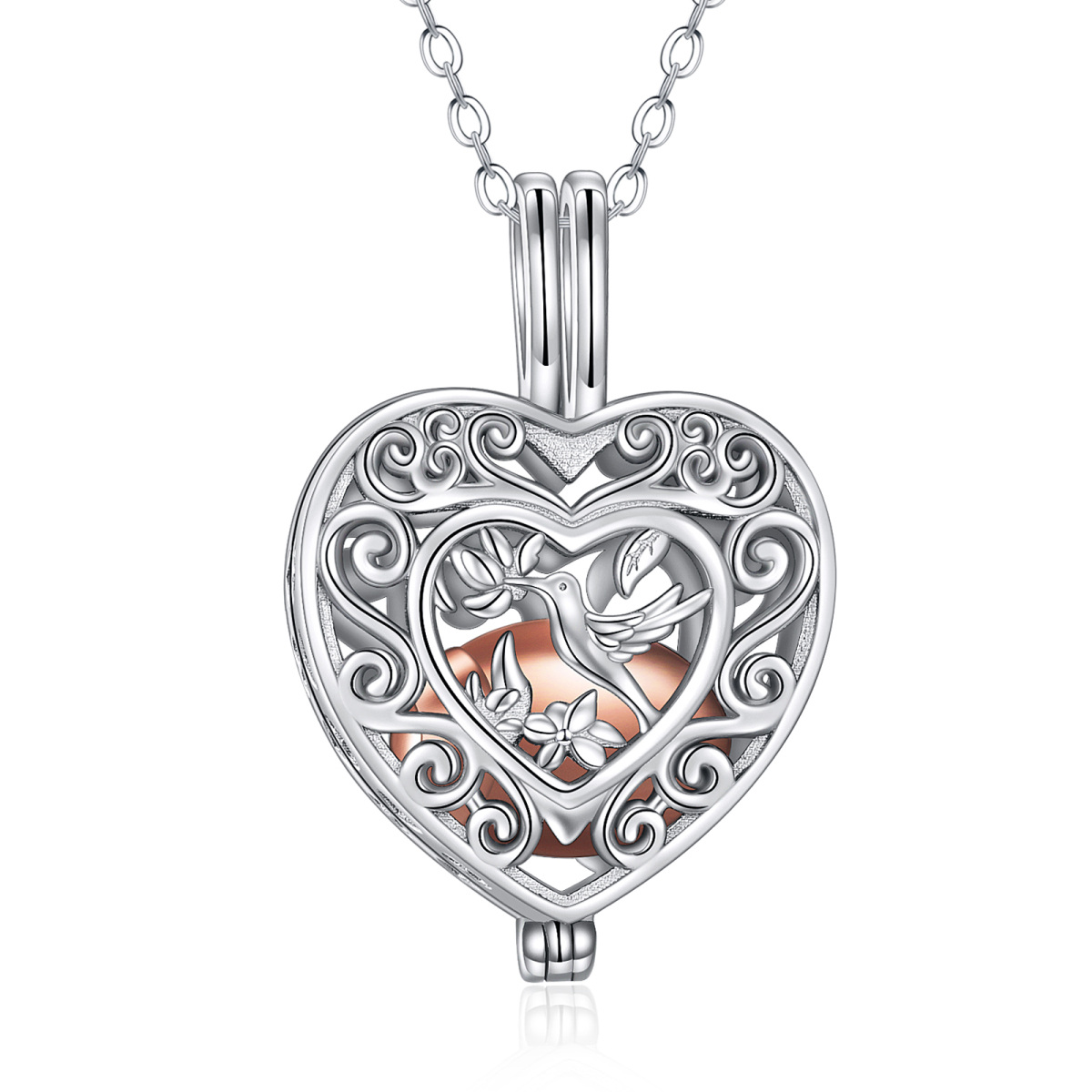 Sterling Silver Two-tone Hollow Hummingbird & Heart Locket Urn Necklace for Ashes-1