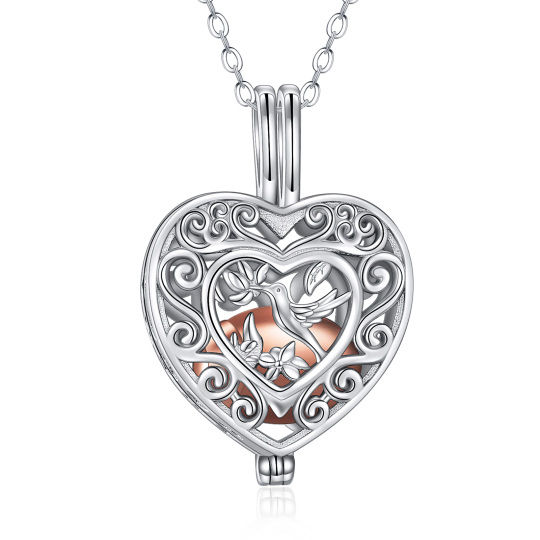 Sterling Silver Two-tone Hollow Hummingbird & Heart Locket Urn Necklace for Ashes