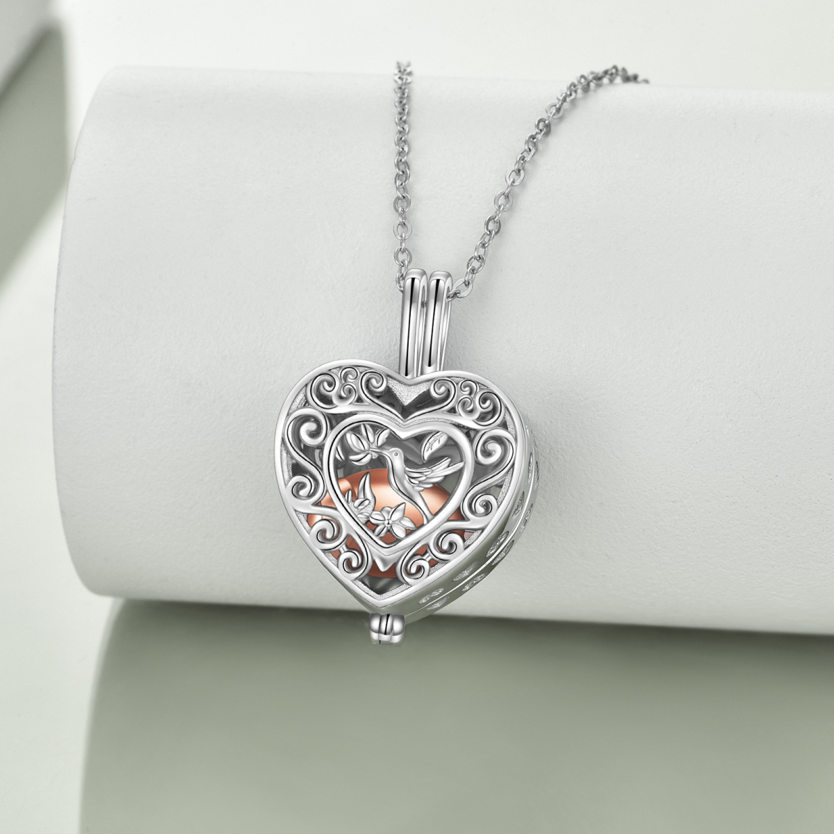 Sterling Silver Two-tone Hollow Hummingbird & Heart Locket Urn Necklace for Ashes-3