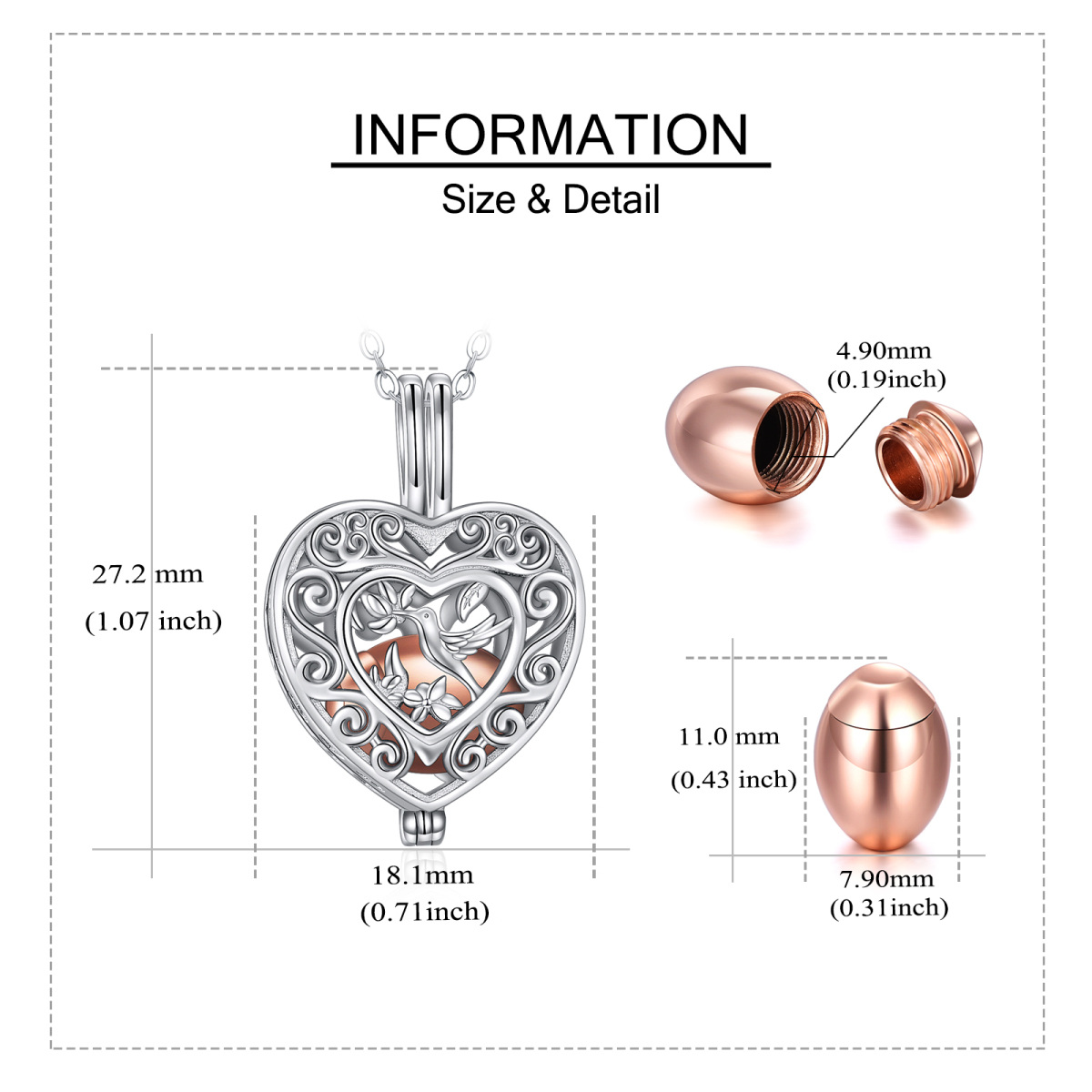 Colar de prata esterlina com dois tons de beija-flor oco e urna com medalhão de coração para cinzas-5