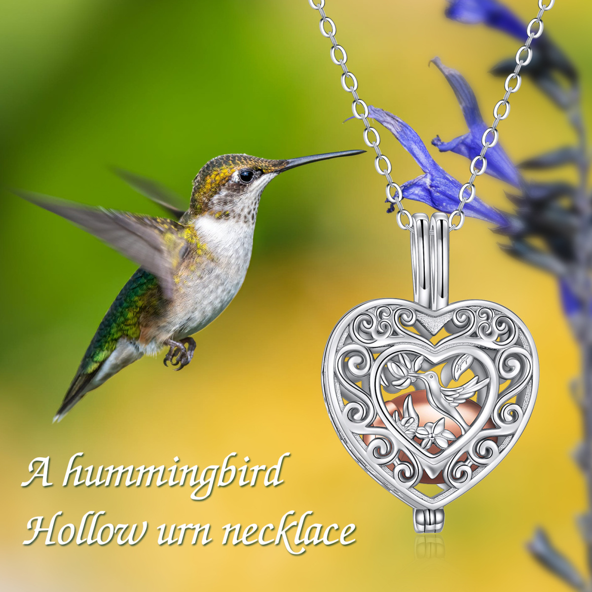 Collana d'argento bicolore con colibrì e cuore per urna per le ceneri-6