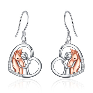 Sterling Silver Two-tone Cubic Zirconia Horse & Girl Heart Drop Earrings-57