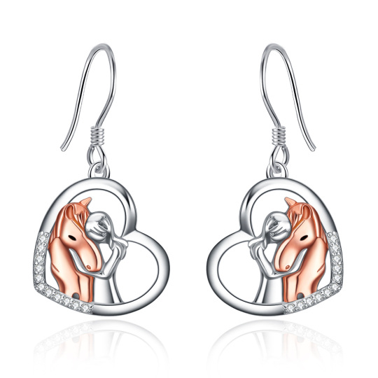 Sterling Silver Two-tone Cubic Zirconia Horse & Girl Heart Drop Earrings