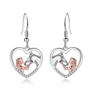 Sterling Silver Two-tone Cubic Zirconia Horse & Heart Drop Earrings-50