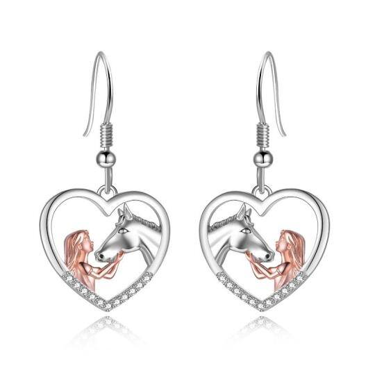 Orecchini a goccia in argento 925 con zirconia cubica bicolore, cavallo e cuore