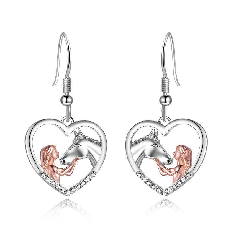 Sterling Silver Two-tone Cubic Zirconia Horse & Heart Drop Earrings