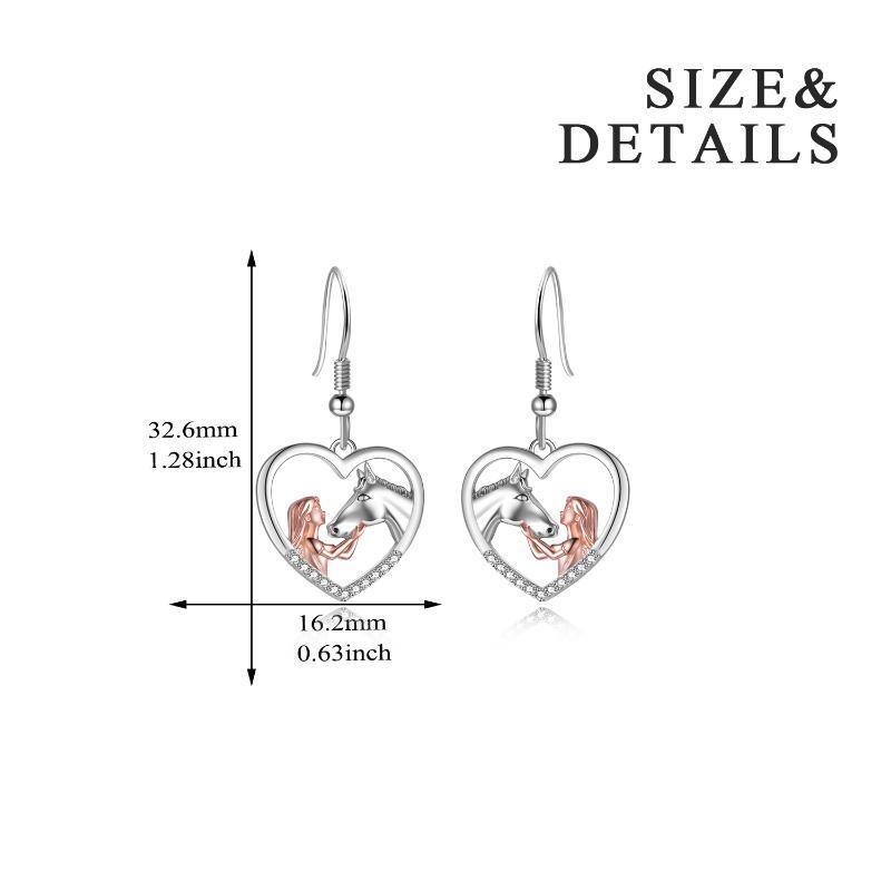 Sterling Silver Two-tone Cubic Zirconia Horse & Heart Drop Earrings-4