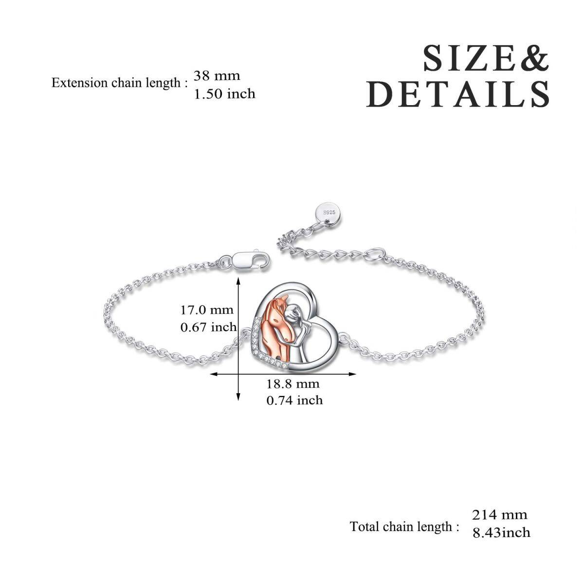 Bracelet en argent sterling avec pendentif cheval et coeur bicolore-3