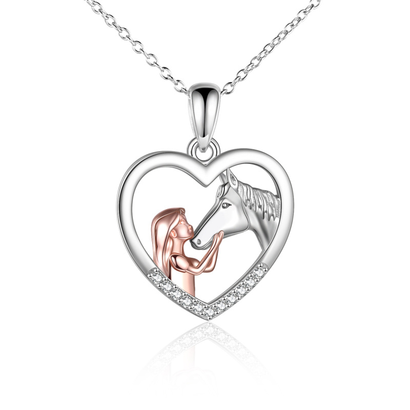 Sterling Silver Two-tone Cubic Zirconia Horse & Heart Pendant Necklace-3