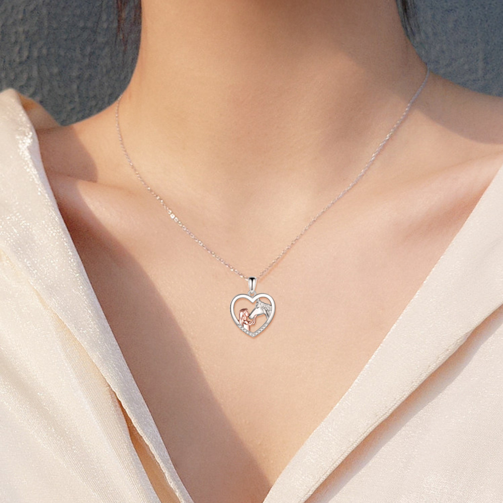 Sterling Silver Two-tone Cubic Zirconia Horse & Heart Pendant Necklace-2
