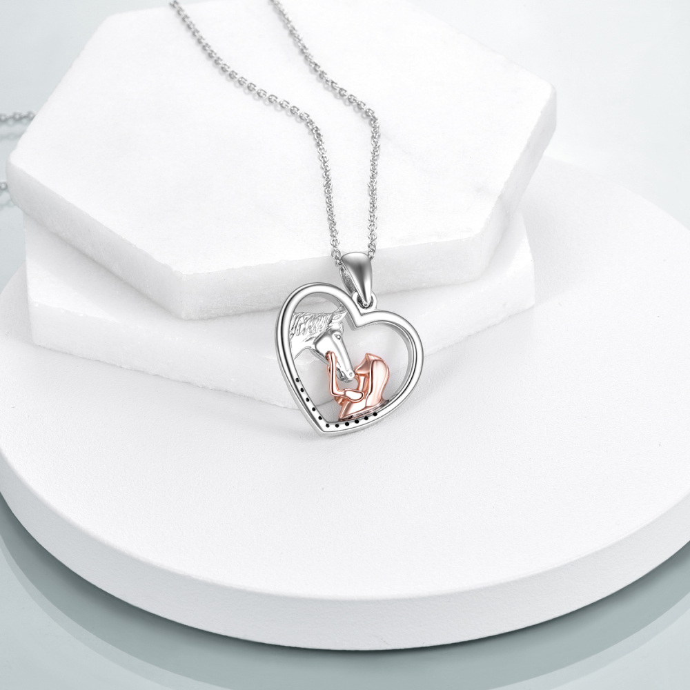 Sterling Silver Two-tone Cubic Zirconia Horse & Heart Pendant Necklace-3