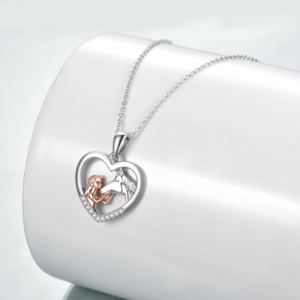 Sterling Silver Two-tone Cubic Zirconia Horse & Heart Pendant Necklace-4