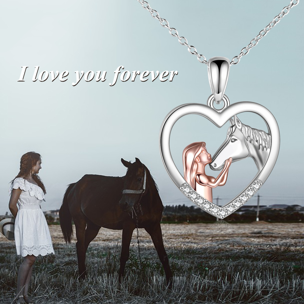 Sterling Silver Two-tone Cubic Zirconia Horse & Heart Pendant Necklace-5