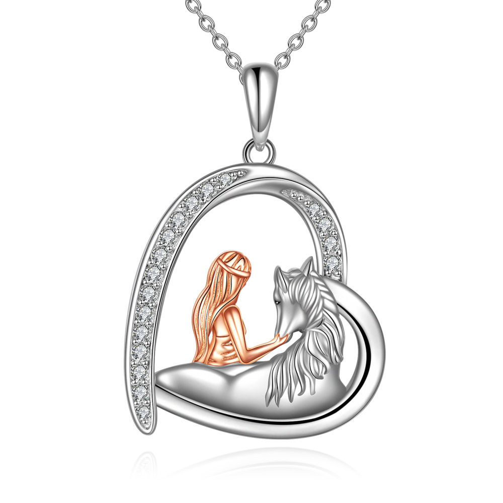 Sterling Silver Two-tone Horse & Heart Pendant Necklace for Women-1