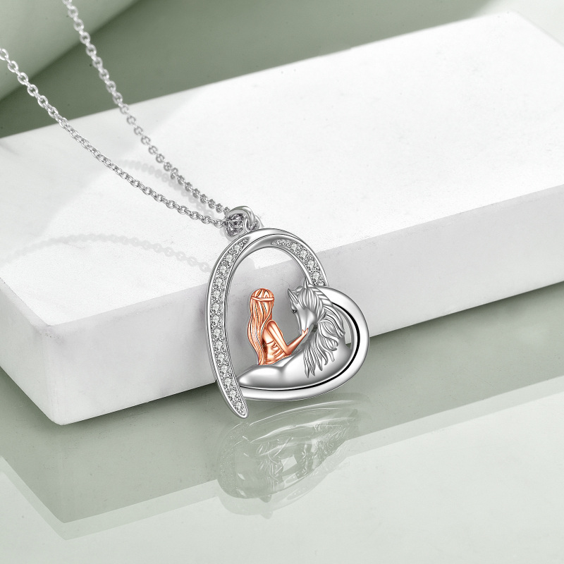Sterling Silver Two-tone Horse & Heart Pendant Necklace for Women-3
