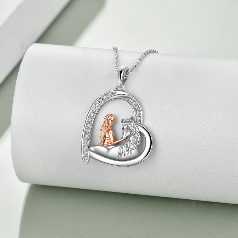 Sterling Silver Two-tone Horse & Heart Pendant Necklace for Women-4