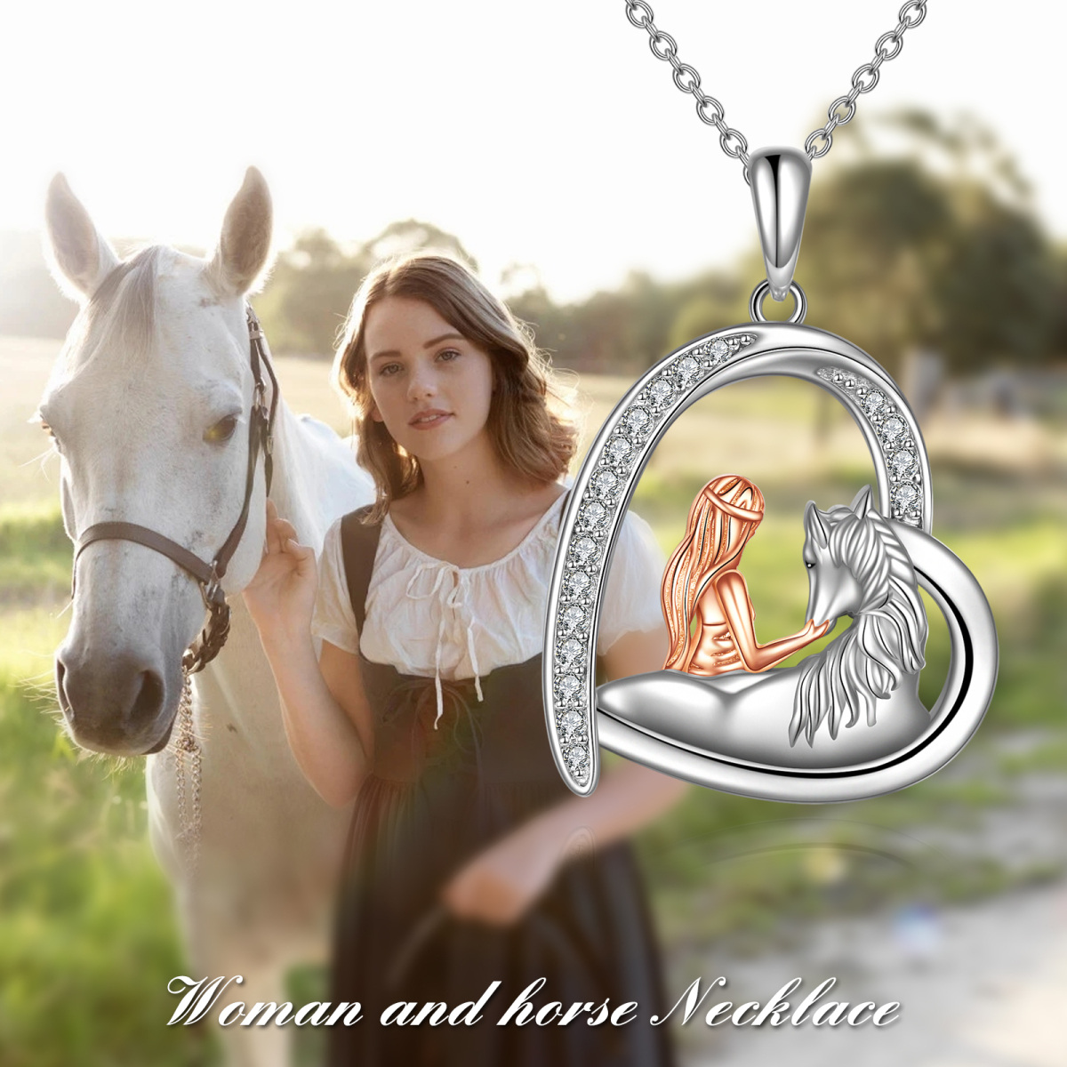 Collar con colgante de corazón de caballo en dos tonos de plata esterlina para mujer-6