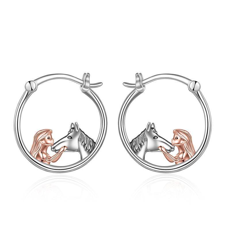 Sterling Silver Two-tone Horse Hoop Earrings-1