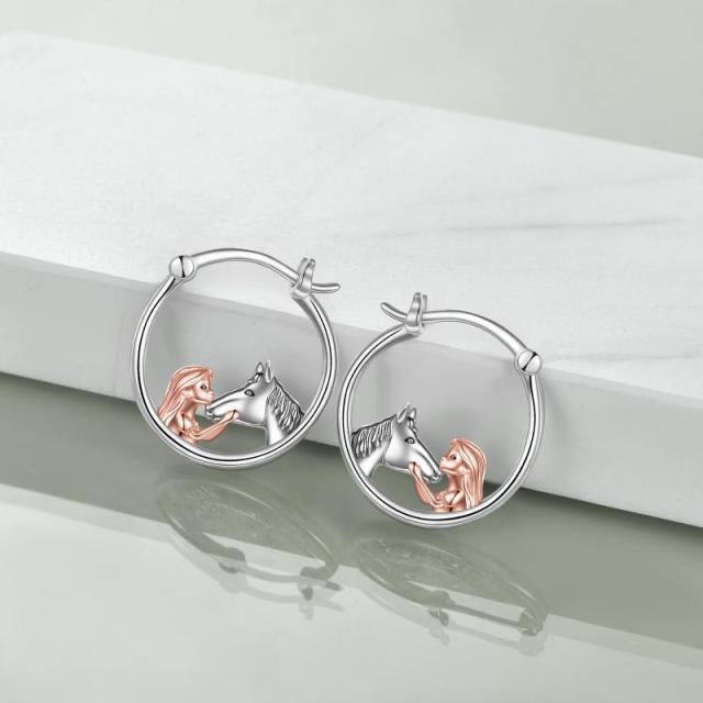 Sterling Silver Two-tone Horse Hoop Earrings-3