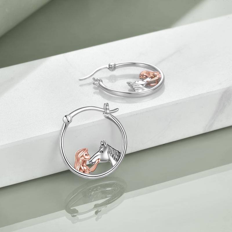 Sterling Silver Two-tone Horse Hoop Earrings-4