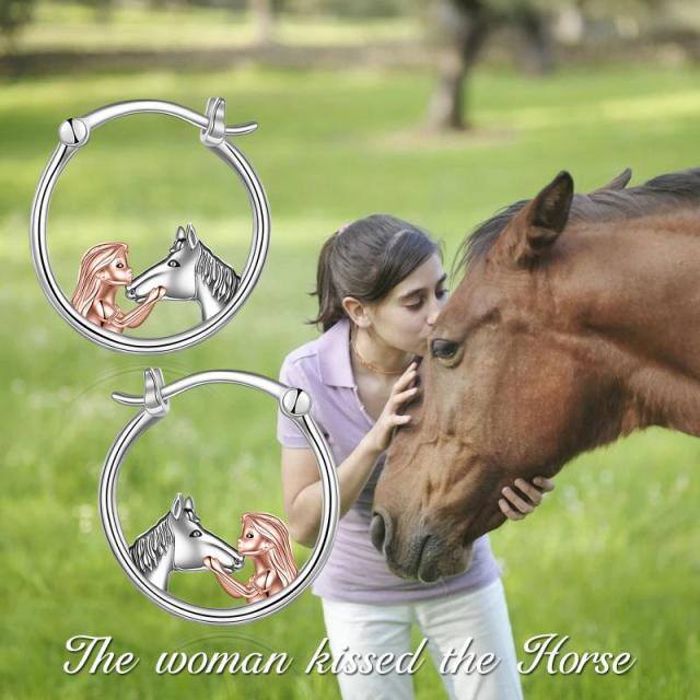 Sterling Silver Two-tone Horse Hoop Earrings-6