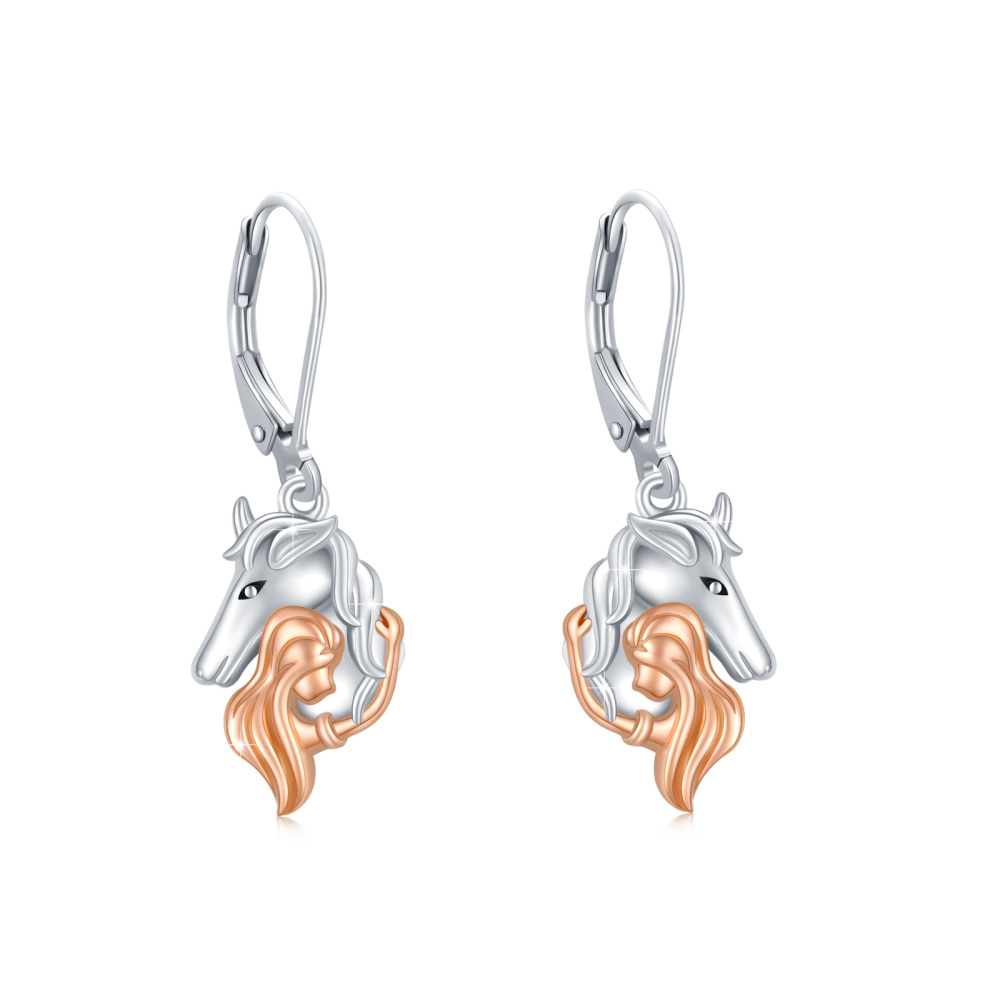 Sterling Silver Two-tone Horse Lever-back Earrings-1