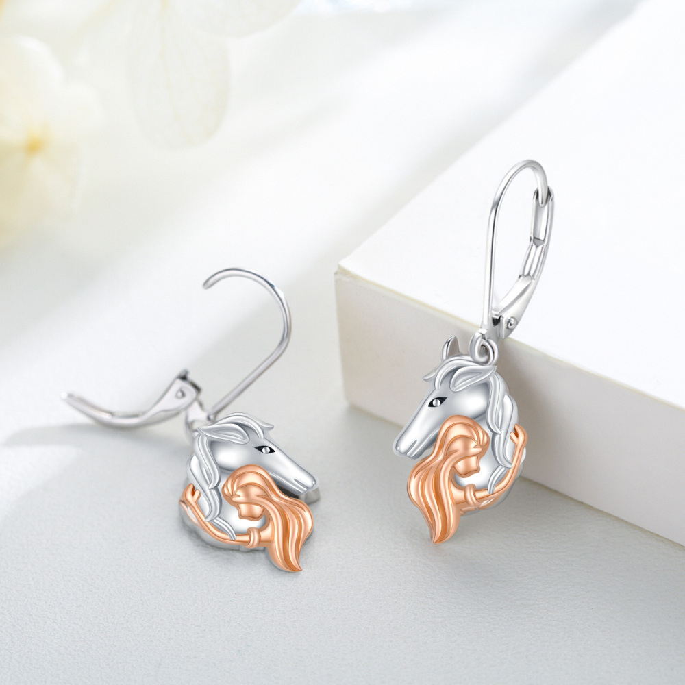 Sterling Silver Two-tone Horse Lever-back Earrings-3