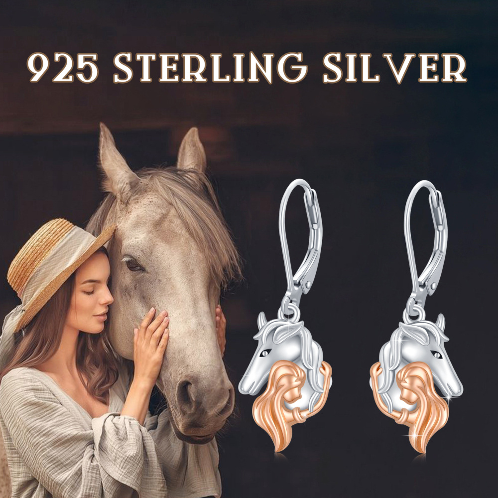 Sterling Silver Two-tone Horse Lever-back Earrings-4
