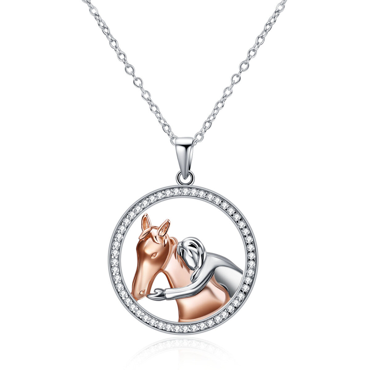 Sterling Silver Two-tone Cubic Zirconia Horse Pendant Necklace-1