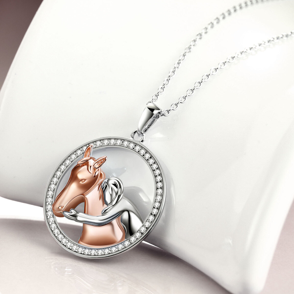 Sterling Silver Two-tone Cubic Zirconia Horse Pendant Necklace-4