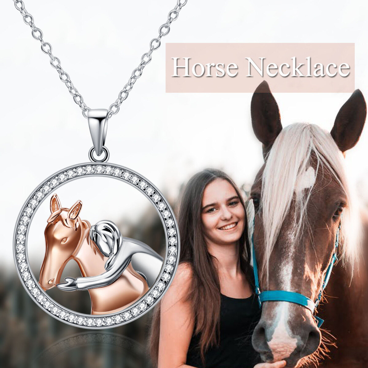 Sterling Silver Two-tone Cubic Zirconia Horse Pendant Necklace-5