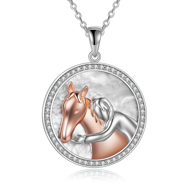 Collana in argento sterling con ciondolo a forma di cavallo e tondo con zirconia cubica bicolore-1