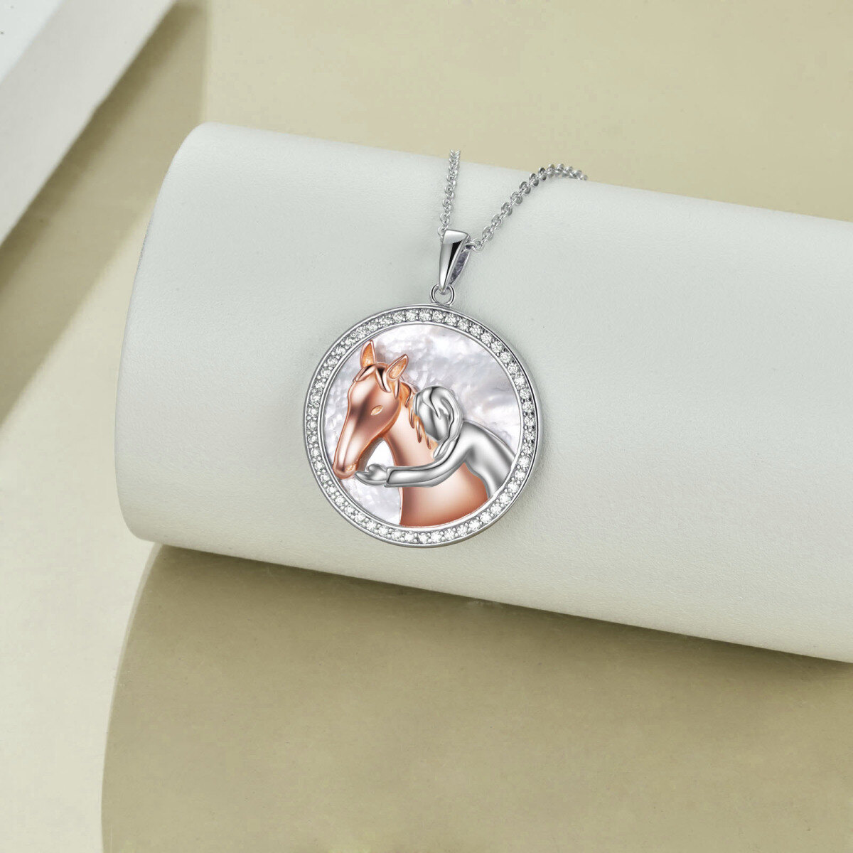 Sterling Silver Two-tone Cubic Zirconia Horse & Round Pendant Necklace-2