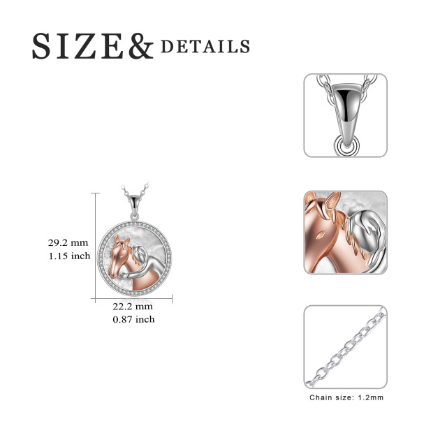 Sterling zilveren tweekleurige Cubic Zirconia paard & ronde hanger ketting-4