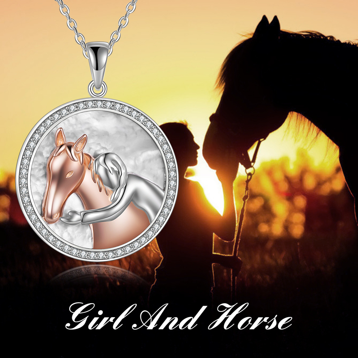 Collier en argent sterling avec pendentif cheval et rond en zircon cubique bicolore-5