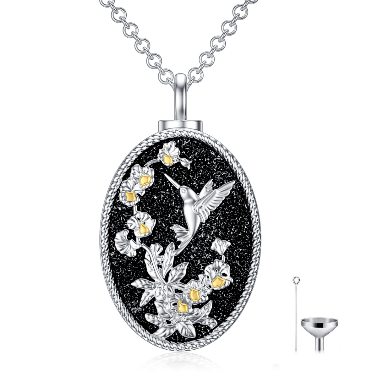 Collier d'urne pour cendres en argent sterling bicolore colibri et fleur de naissance-1