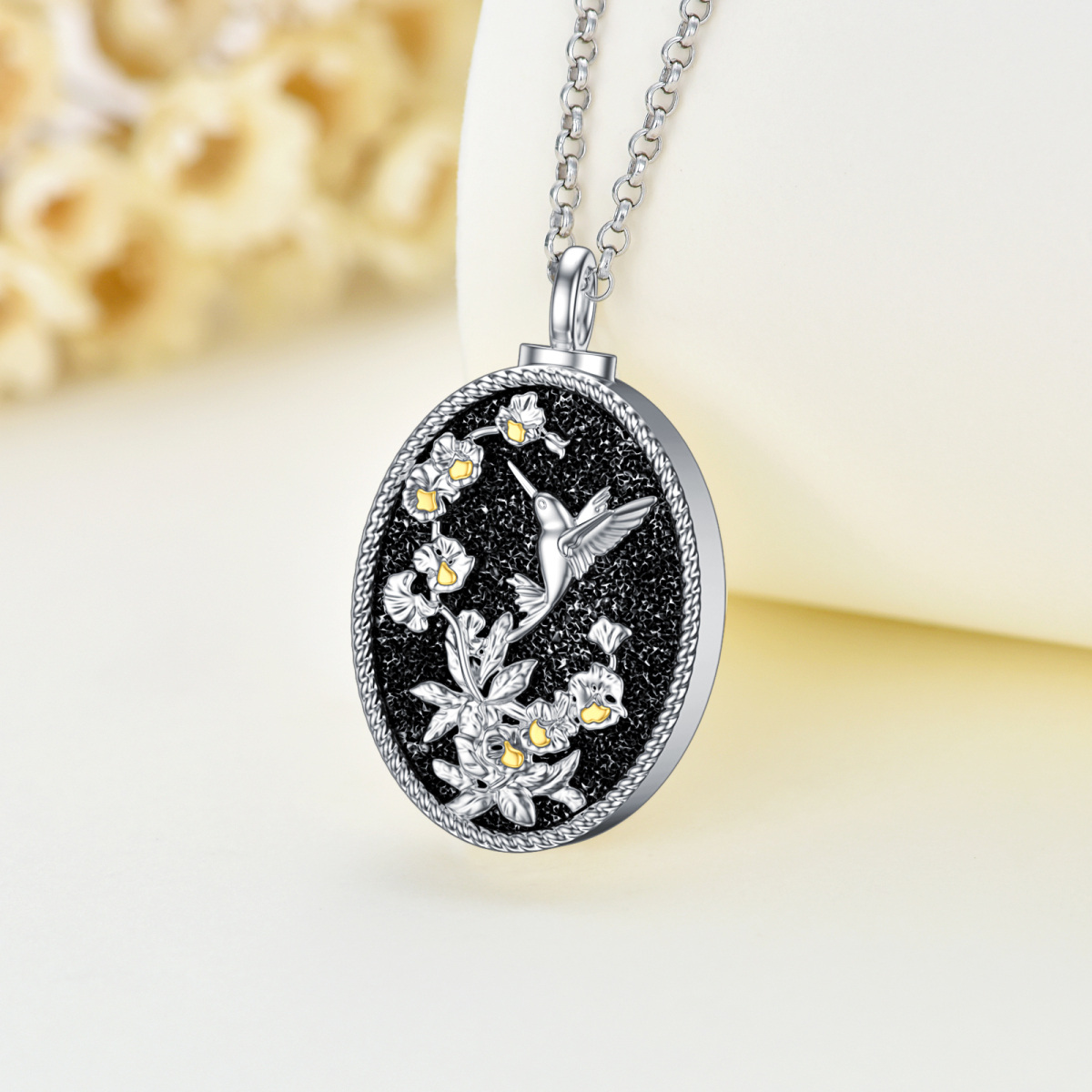 Sterling Silver Two-tone Hummingbird & Birth Flower Urn Necklace for Ashes-3