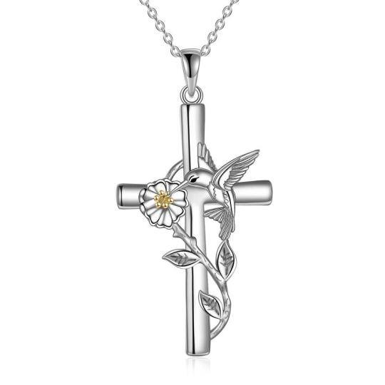 Collier en argent sterling avec pendentif colibri et croix bicolore