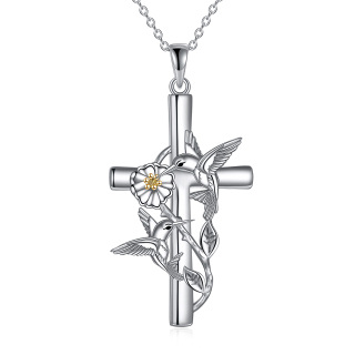 Sterling Silver Two-tone Hummingbird & Cross Pendant Necklace-4