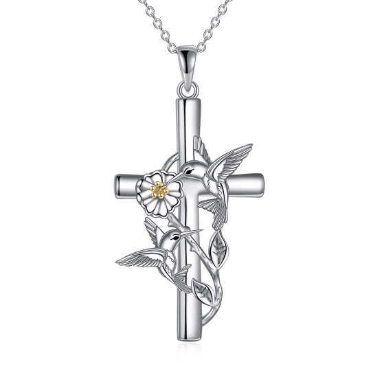 Sterling Silver Two-tone Hummingbird & Cross Pendant Necklace