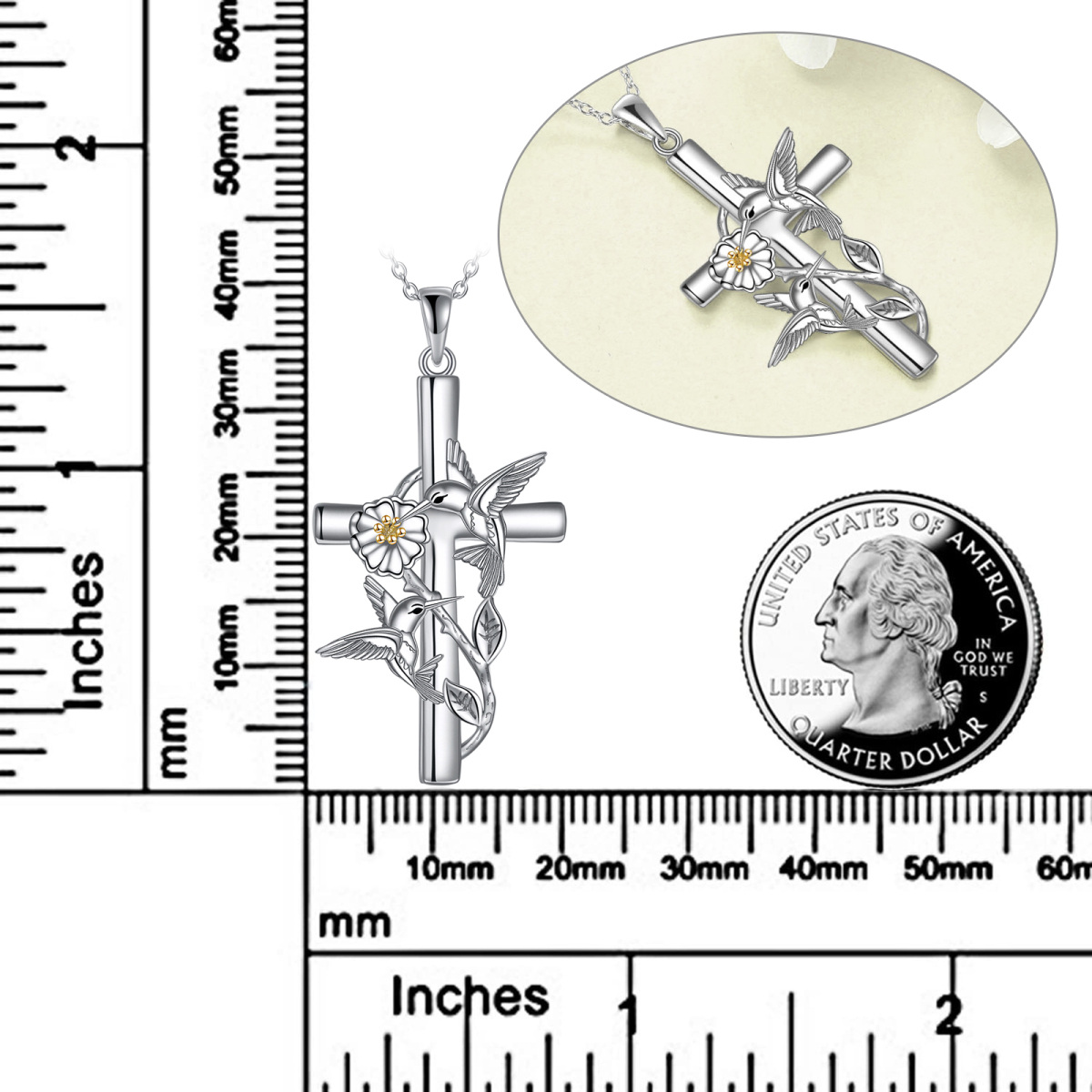 Srebrny dwukolorowy naszyjnik z kolibrem i krzyżykiem-5