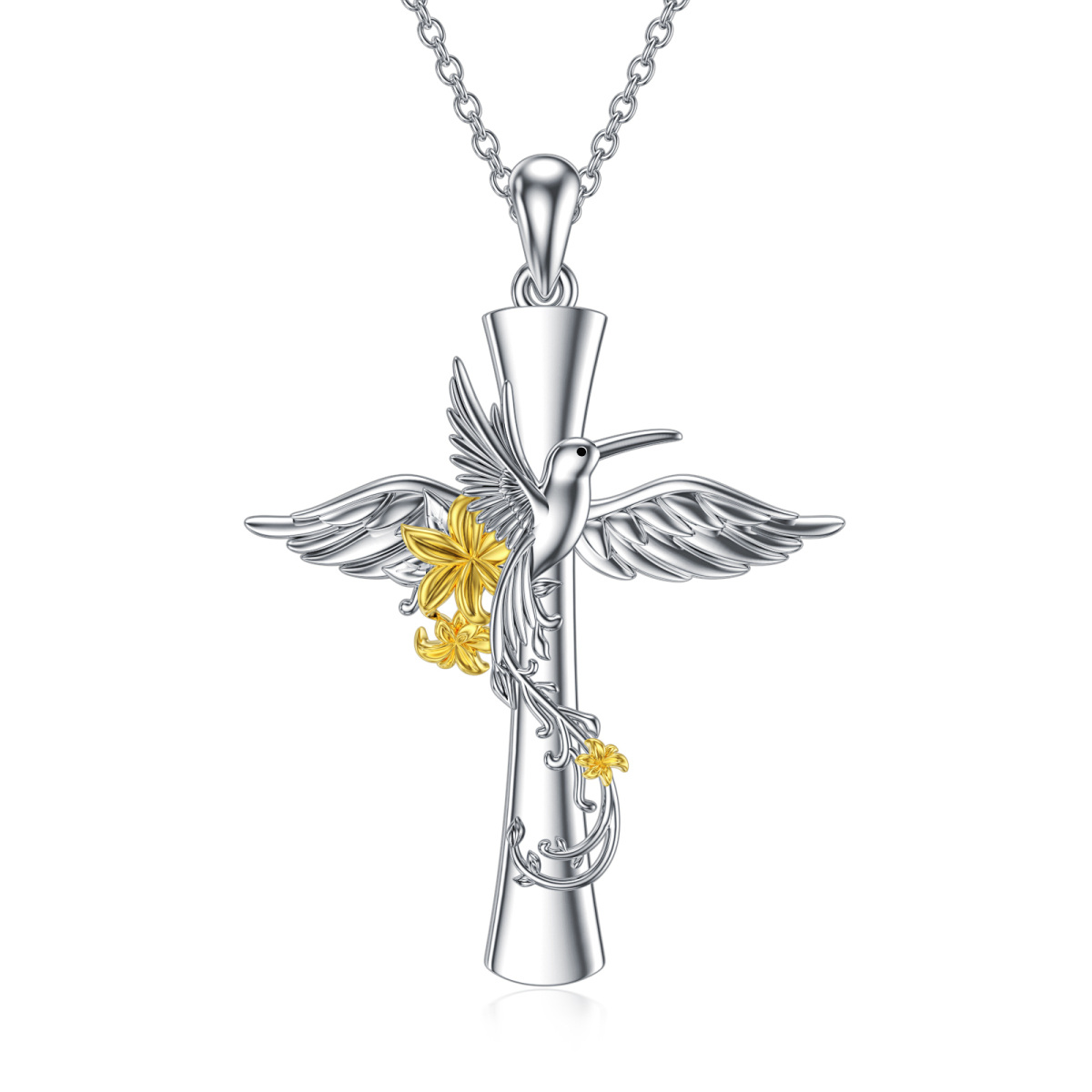 Sterling Silver Two-tone Hummingbird & Cross Pendant Necklace-1