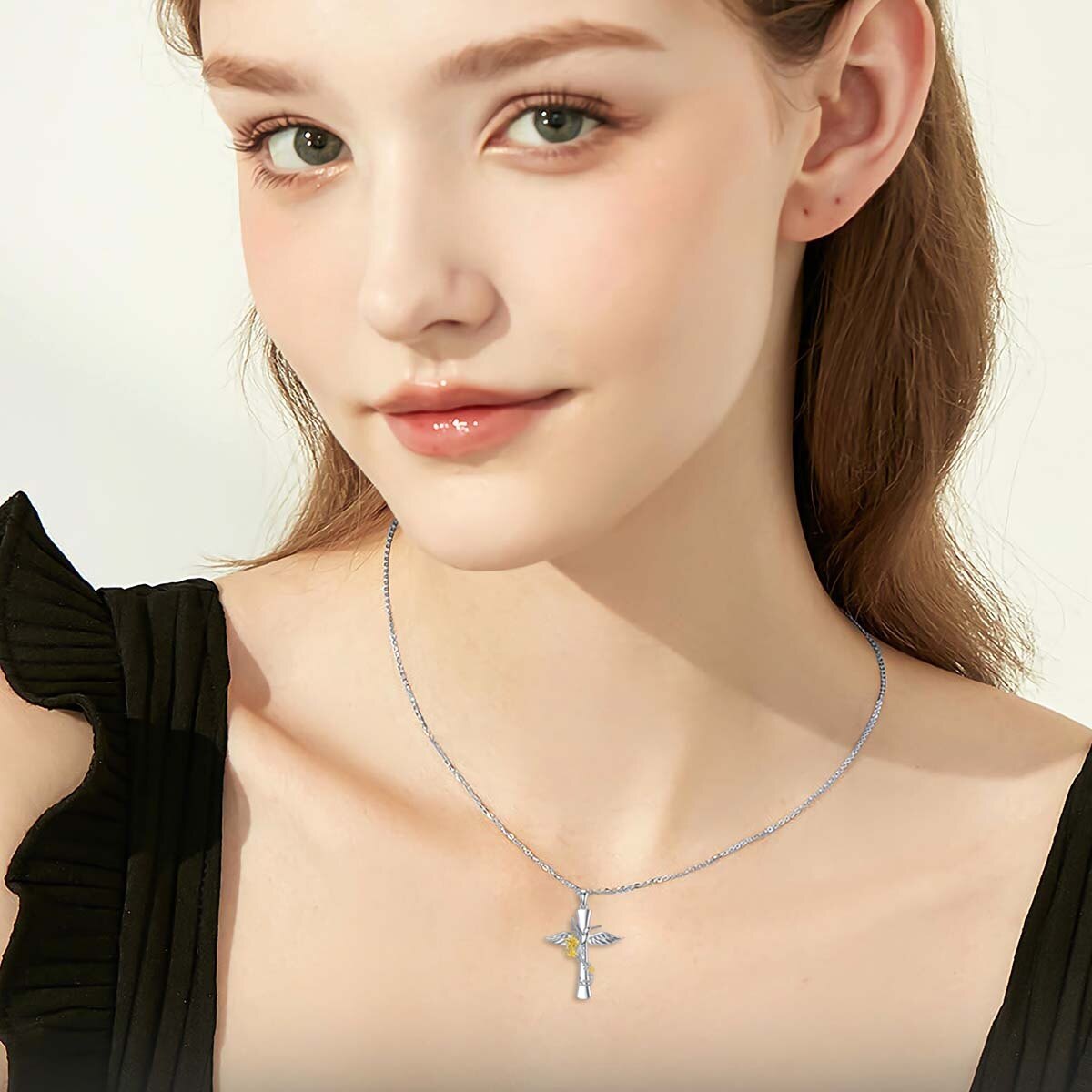 Sterling Silver Two-tone Hummingbird & Cross Pendant Necklace-2