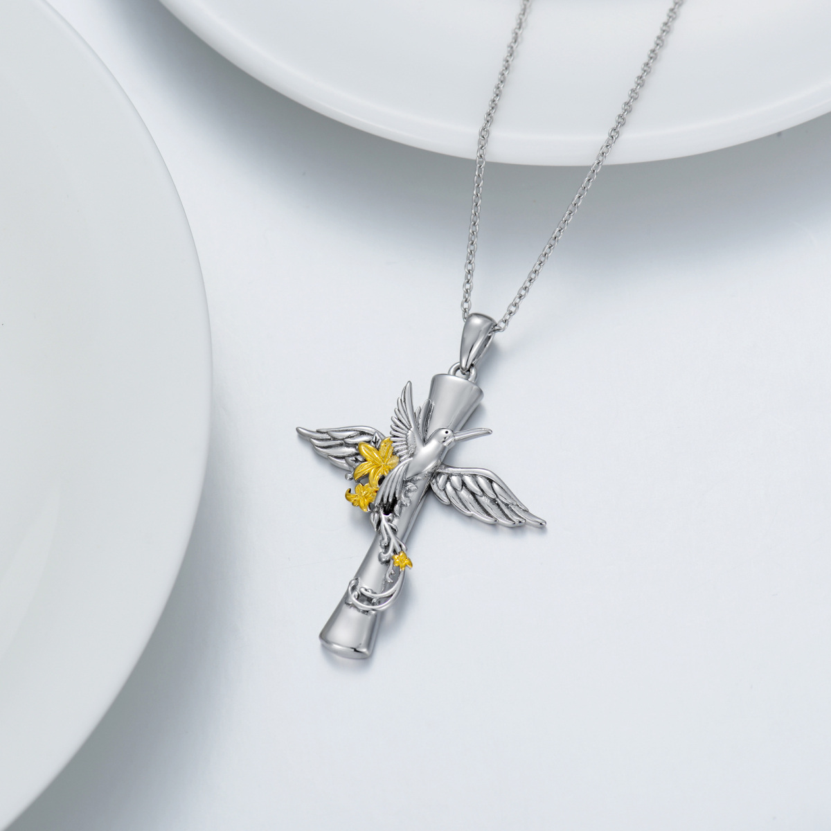 Sterling Silver Two-tone Hummingbird & Cross Pendant Necklace-3