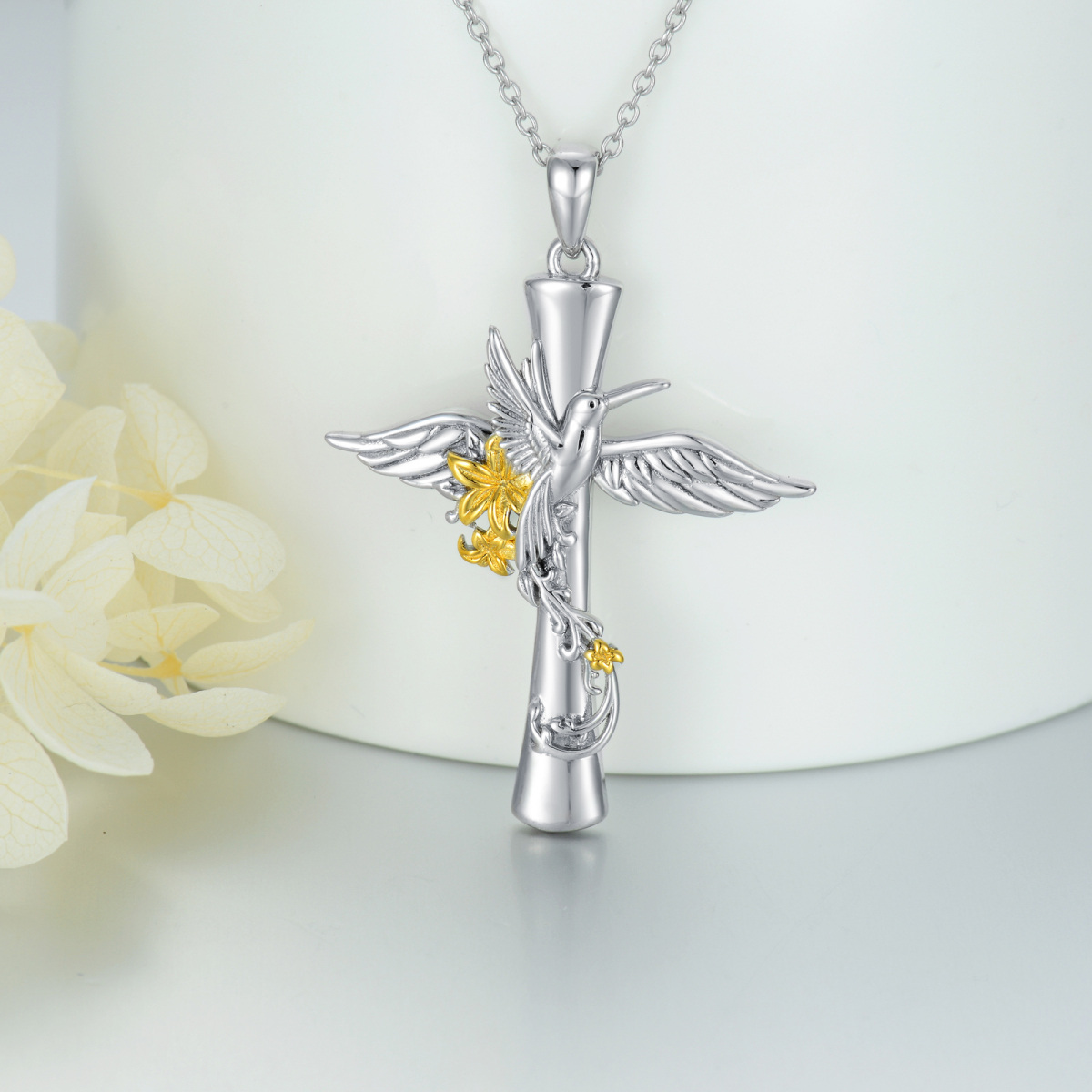 Sterling Silver Two-tone Hummingbird & Cross Pendant Necklace-4